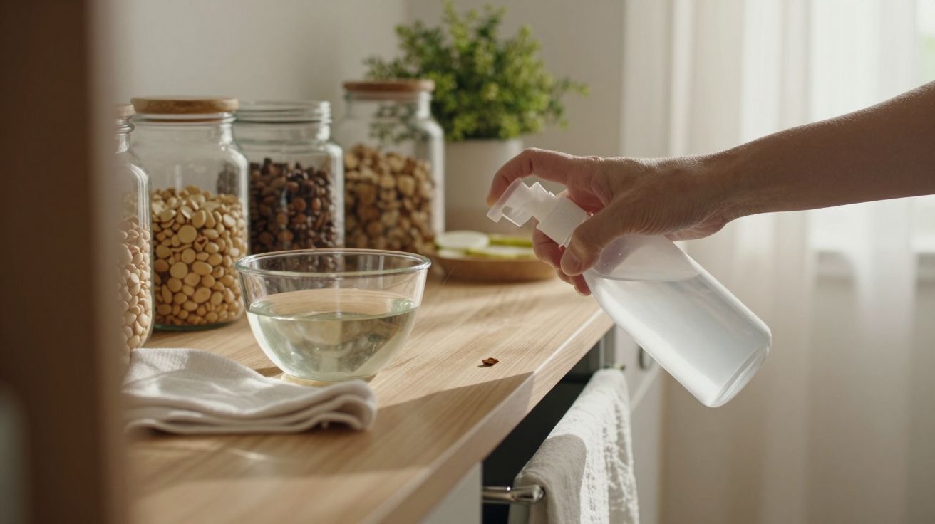 Mão borrifa solução sobre bancada de madeira com frascos de grãos ao fundo.