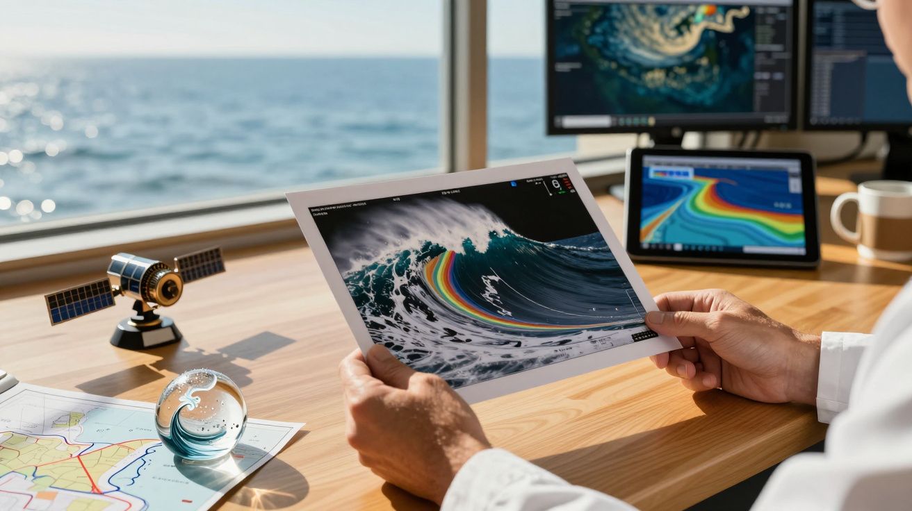 Pessoa analisa gráfico colorido de ondas numa mesa junto ao mar, com computadores e mapa ao fundo.