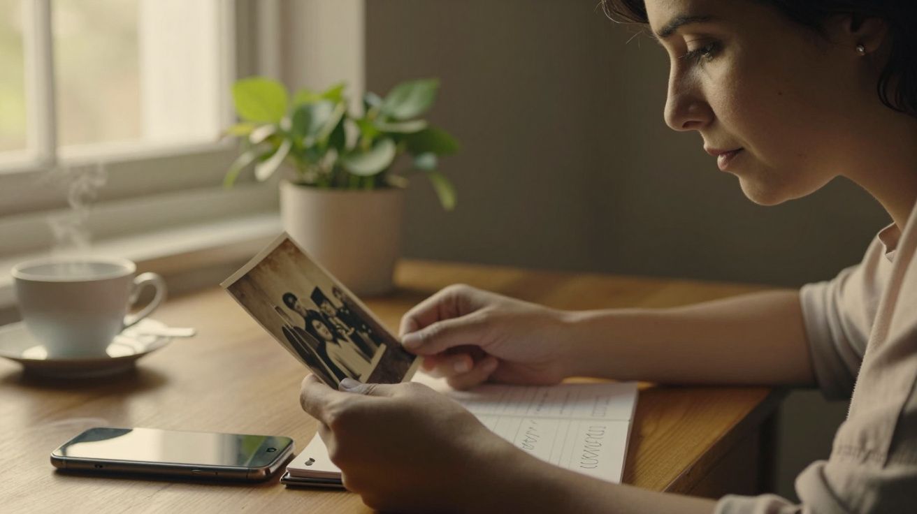 Mulher observa uma fotografia antiga à mesa, com chávena, telemóvel e planta ao lado.