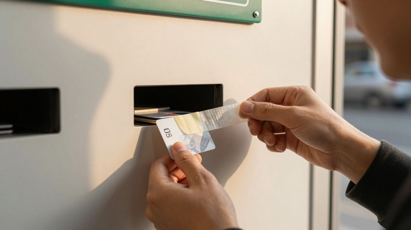 Pessoa a inserir um cartão de crédito em máquina de pagamento, ao ar livre, em dia ensolarado.