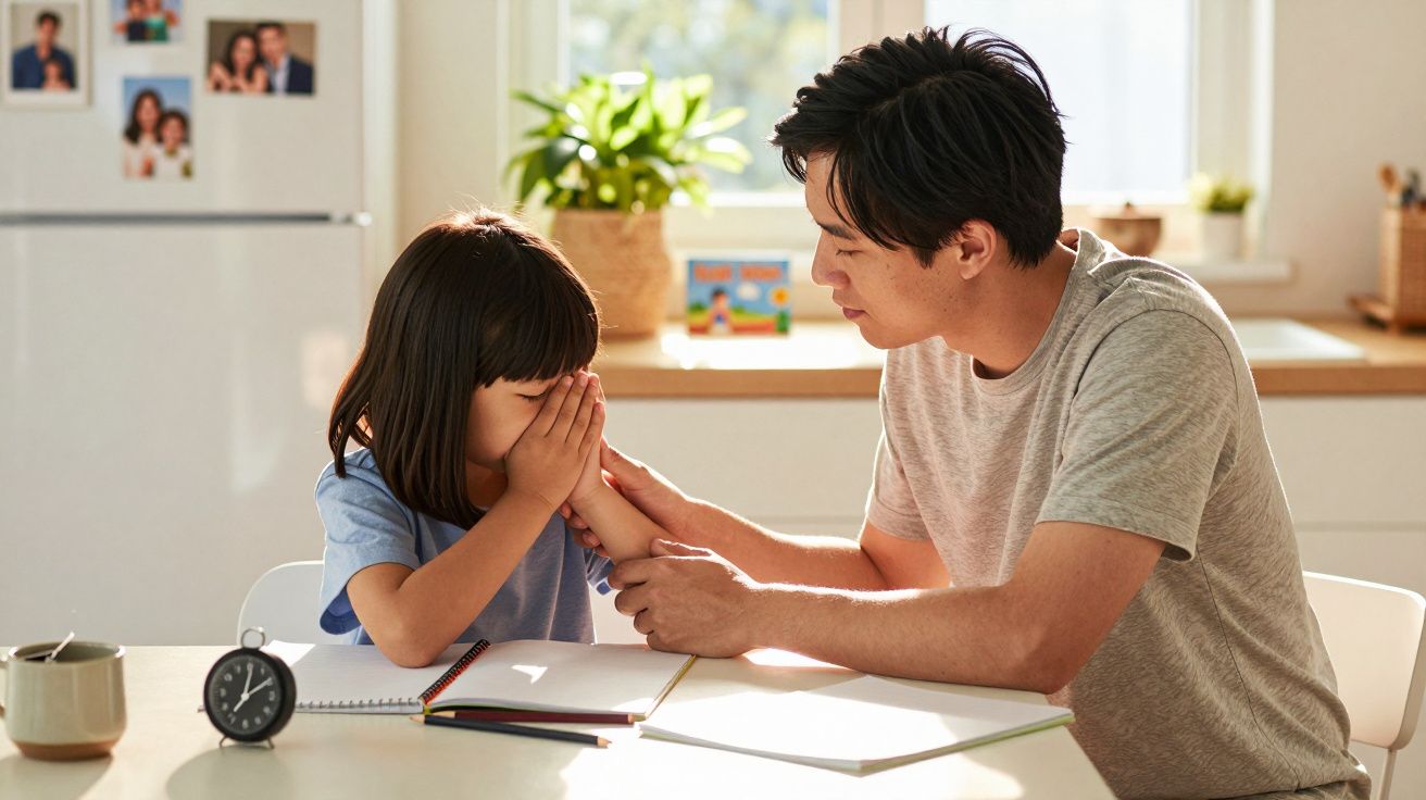 Pai conforta filha triste na cozinha, segurando-lhe a mão; mesa com caderno, caneca e relógio.