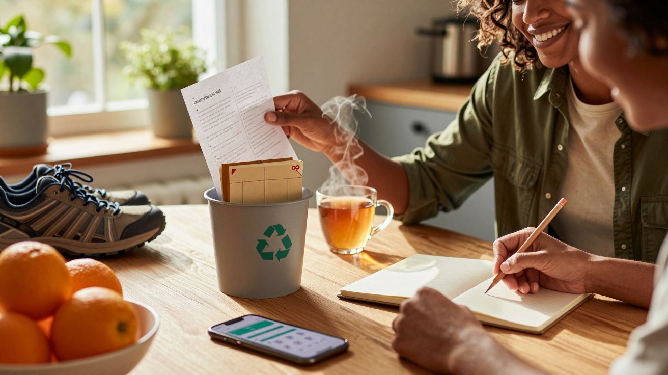 Pessoas reciclando papéis enquanto tomam notas num bloco, com chá e telemóvel na mesa, em ambiente doméstico.