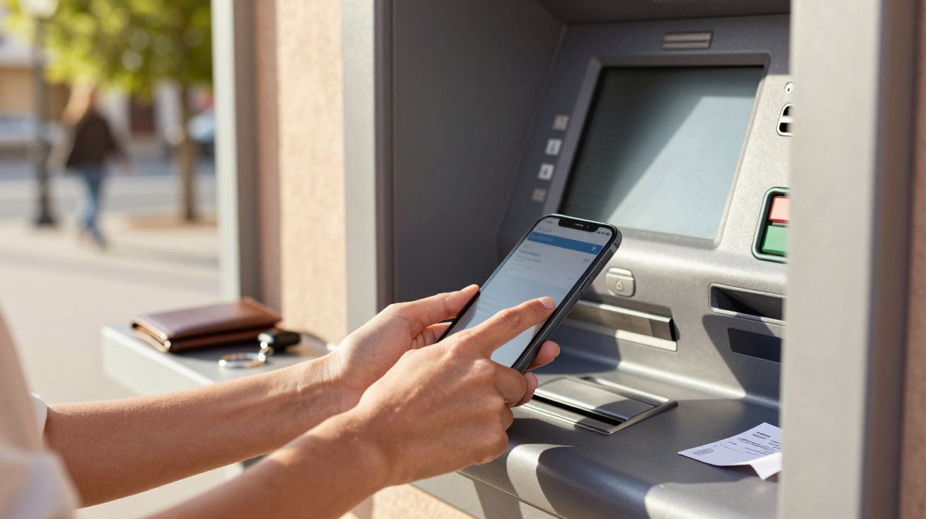 Pessoa usa um telemóvel junto a um multibanco, com carteira e comprovativo no suporte ao lado.