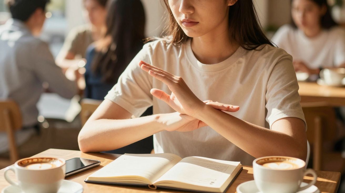 Mulher em café faz gesto de "não" com os braços cruzados sobre livro aberto, com cafés e smartphone na mesa.