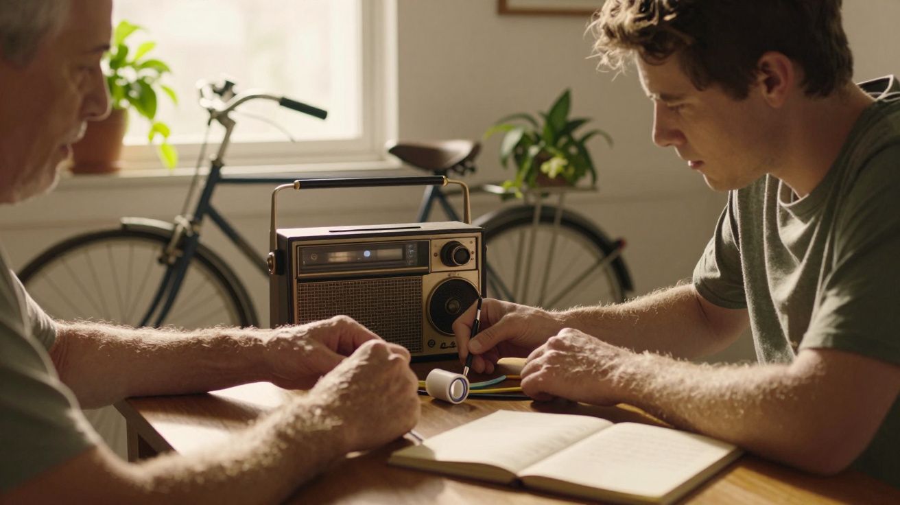 Dois homens sentados a uma mesa, mexendo num rádio antigo, com uma bicicleta e plantas ao fundo.