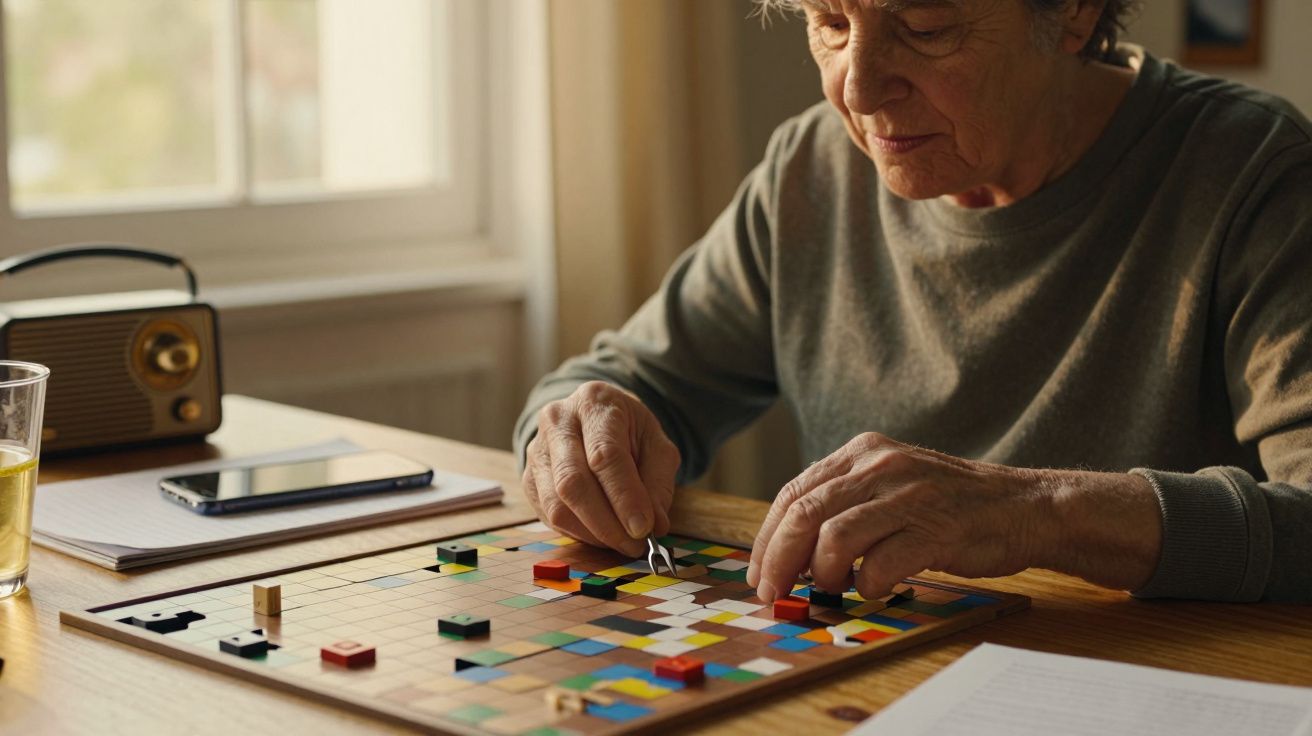 Idosa jogando um jogo de tabuleiro colorido numa mesa de madeira, com rádio e papéis ao fundo.