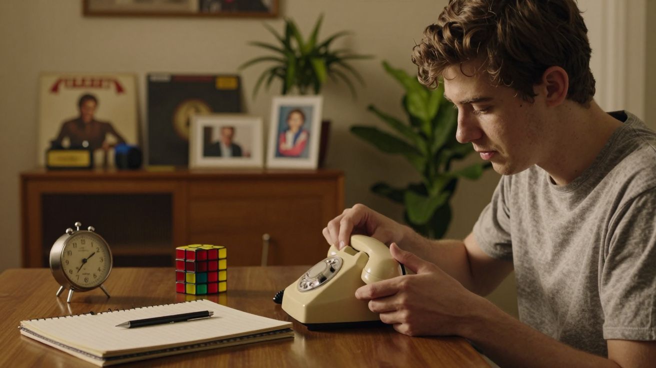 Jovem examina um telefone rotativo em mesa de madeira, com bloco de notas, cubo de Rubik, despertador e fotos ao fundo.