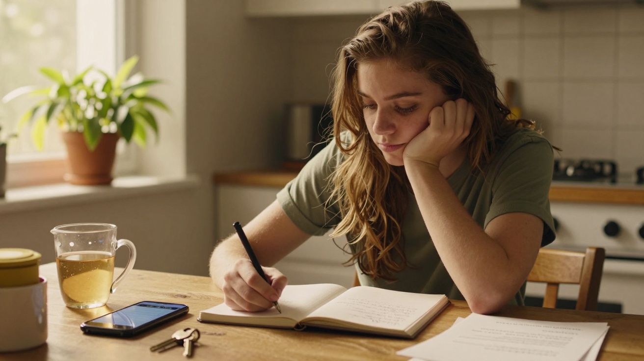 Mulher jovem escreve num caderno à mesa da cozinha. Chave, chávena com chá e telemóvel ao lado.