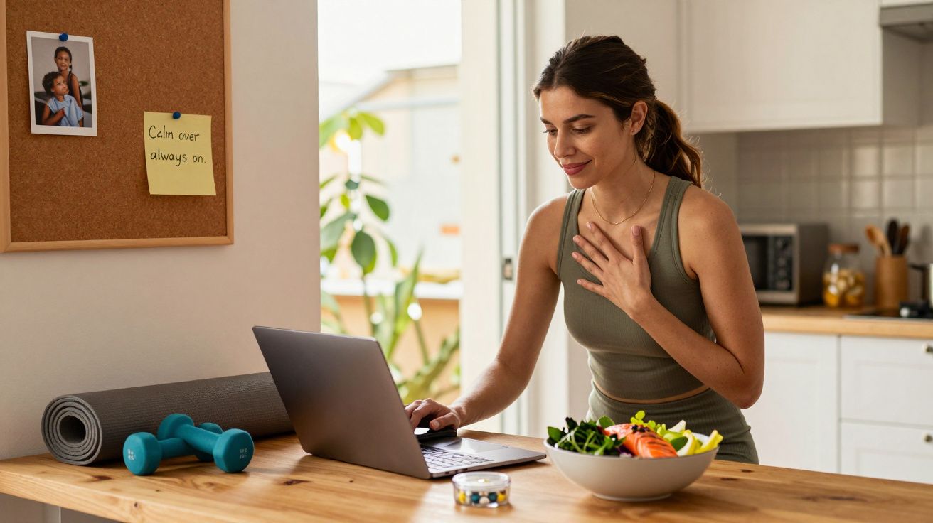 Mulher em frente a um portátil na cozinha, com uma mão no peito e uma salada ao lado, numa atmosfera de bem-estar.
