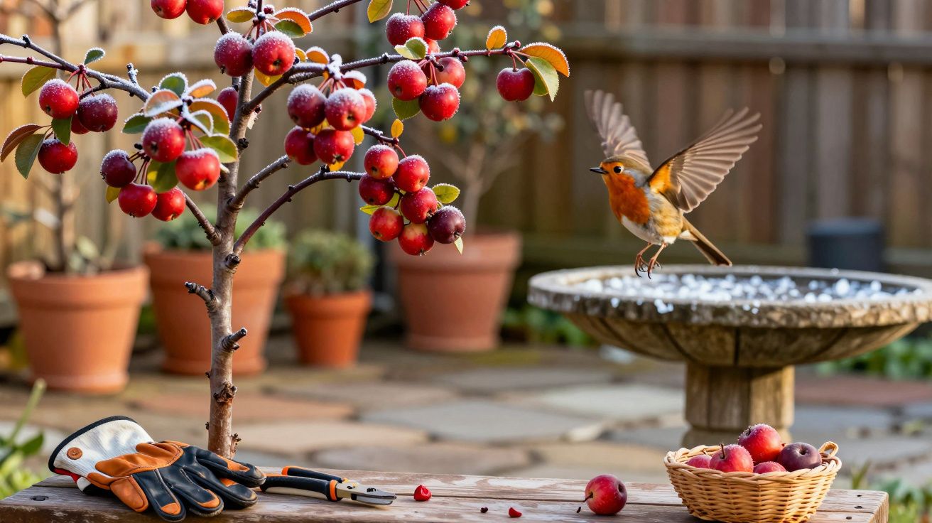 Pisco-de-peito-ruivo voando perto de árvore com maçãs, luvas de jardinagem e cesto de fruta num jardim.