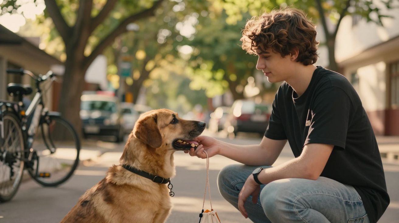 Rapaz agachado a acariciar um cão numa rua arborizada, com bicicletas ao fundo.