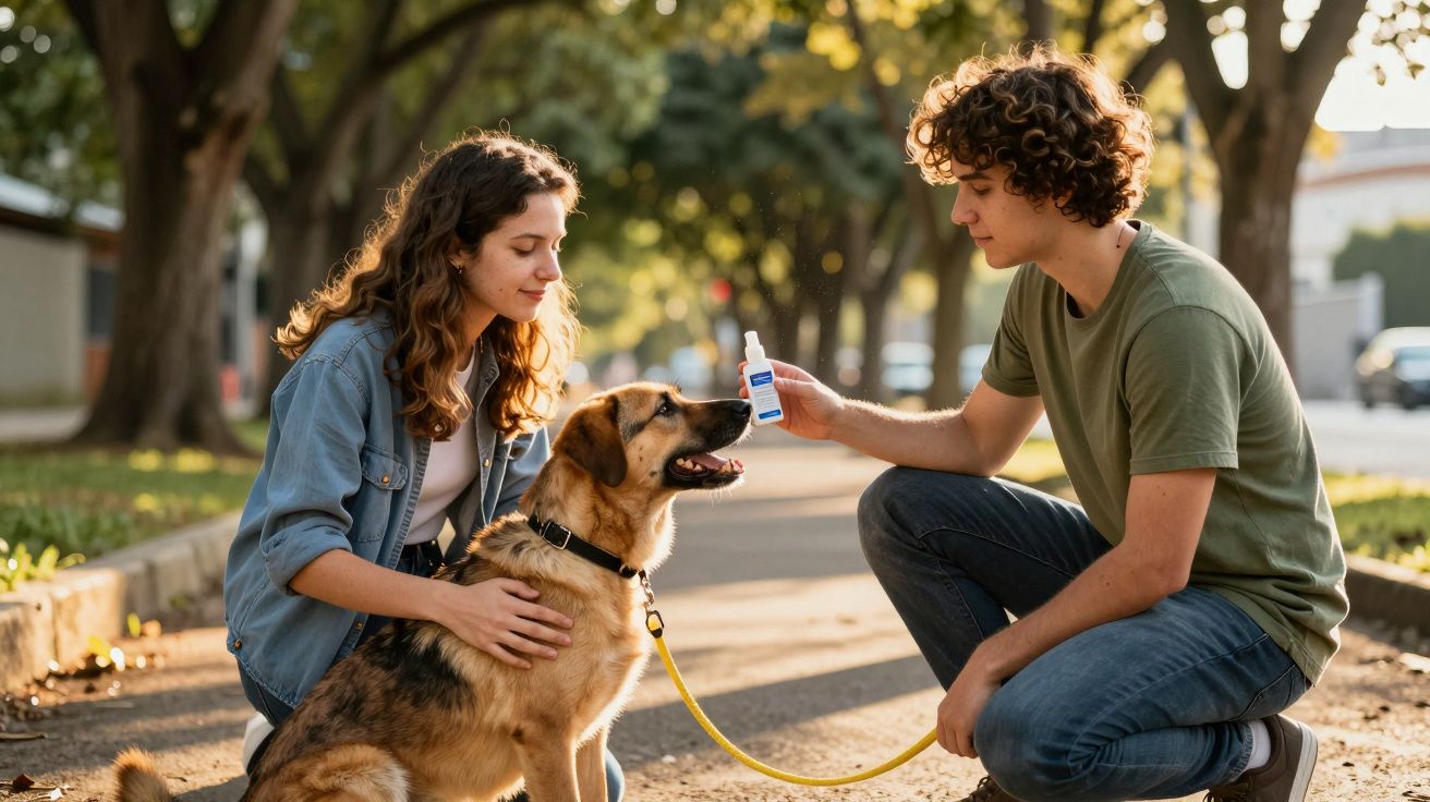 Homem e mulher com cão, segurando gota para os olhos na rua arborizada.