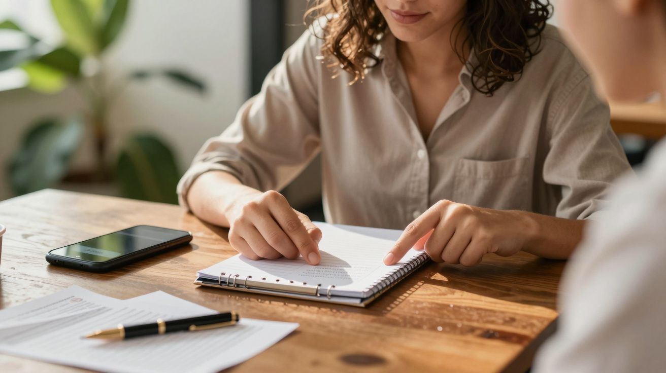 Mulher a apontar para um caderno sobre uma mesa de madeira, com um smartphone ao lado.