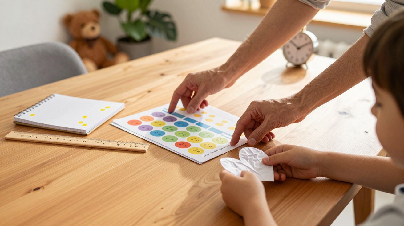 Adulto e criança brincam com jogo de círculos coloridos numa mesa de madeira, ao lado de caderno e régua.