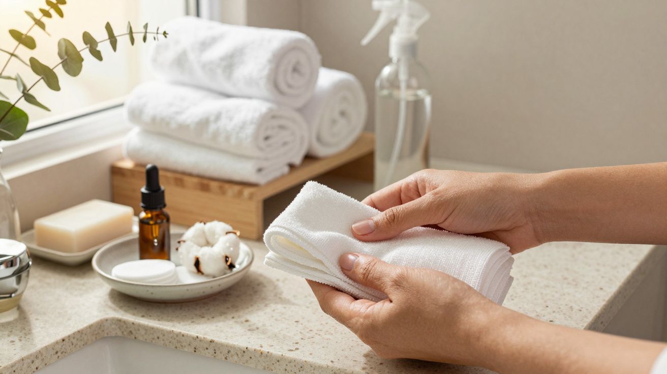 Mãos segurando toalhas brancas num lavatório com itens de higiene, como frascos de vidro e sabonete.