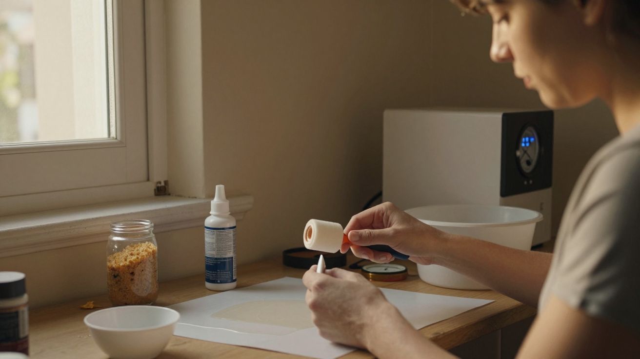 Pessoa segura uma vela e um frasco em frente a uma janela, numa mesa com tigelas e pote de cera.