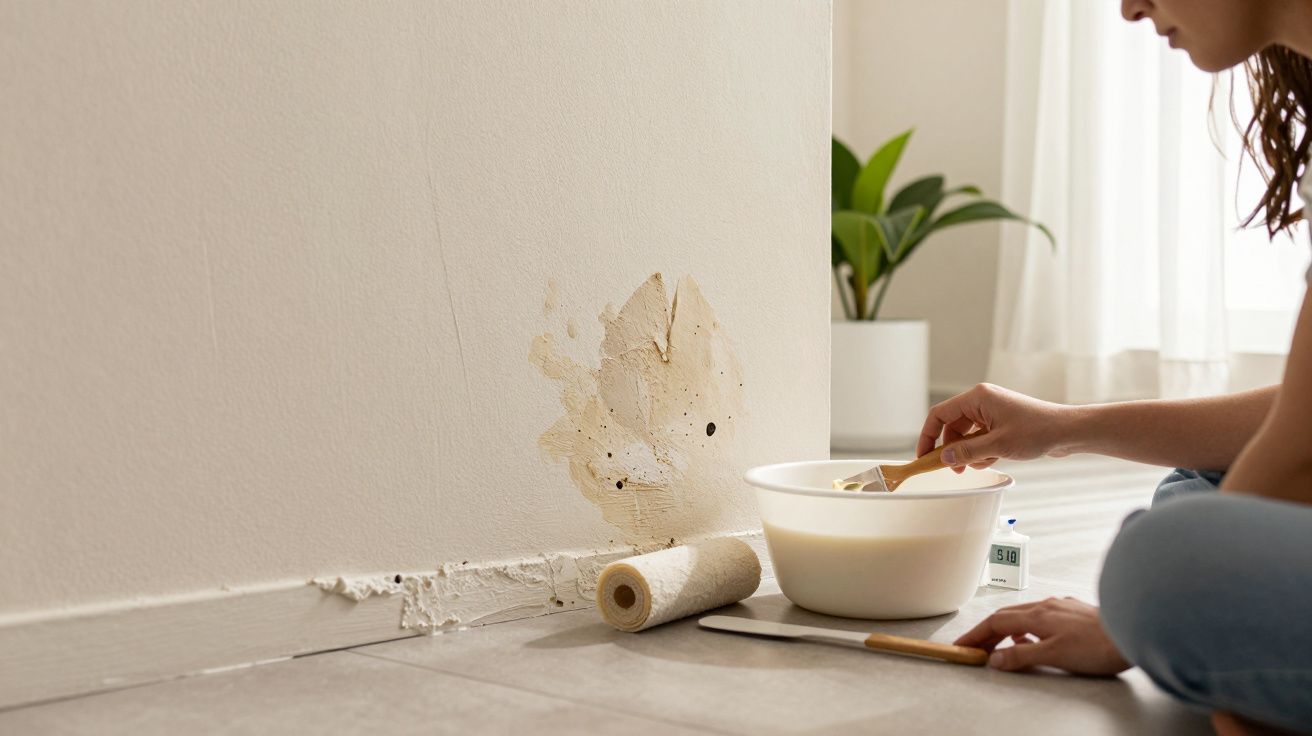 Pessoa reparando parede danificada com massa e espátula, planta ao fundo.