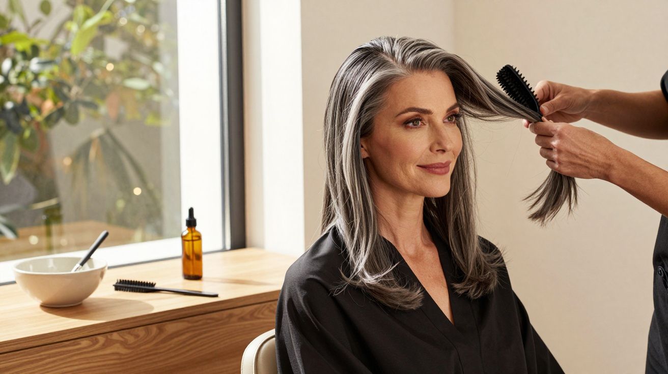 Mulher de cabelo grisalho a ser penteado num salão de cabeleireiro, junto a uma janela iluminada.