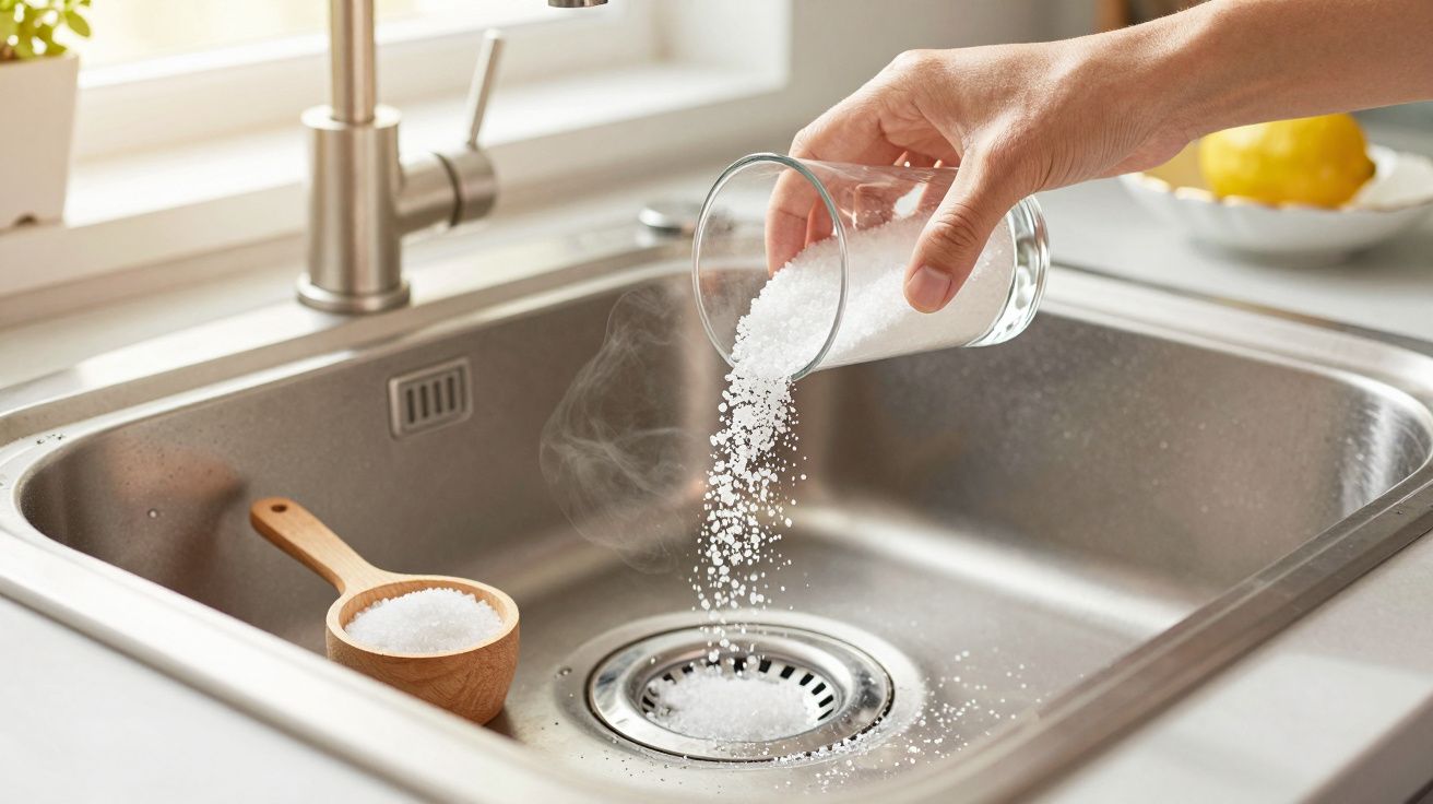 Mão a despejar sal de copo num lava-loiça de inox.