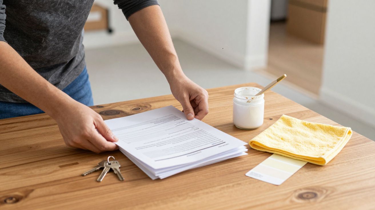 Pessoa organiza documentos numa mesa de madeira com chaves, pincel, frasco e pano amarelo.