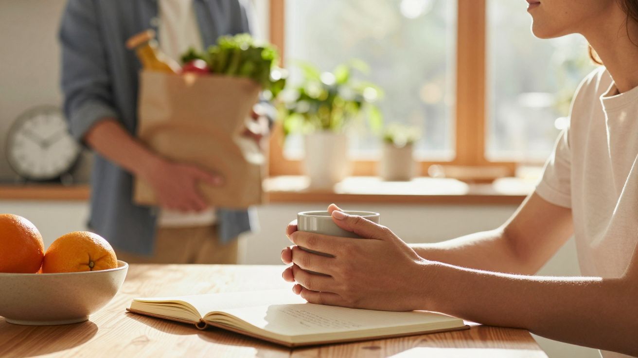 Pessoa sentada à mesa com chávena, livro aberto e taça de laranjas. Ao fundo, alguém com saco de compras.