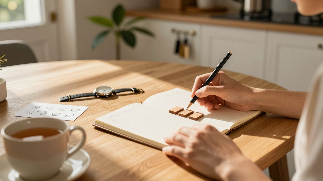Mão escreve num caderno sobre mesa de madeira ao lado de chá, relógio e planta ao fundo.