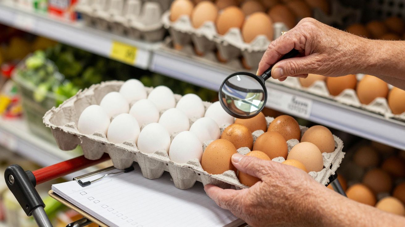 Pessoa inspeciona ovos brancos e castanhos com lupa numa caixa de supermercado.