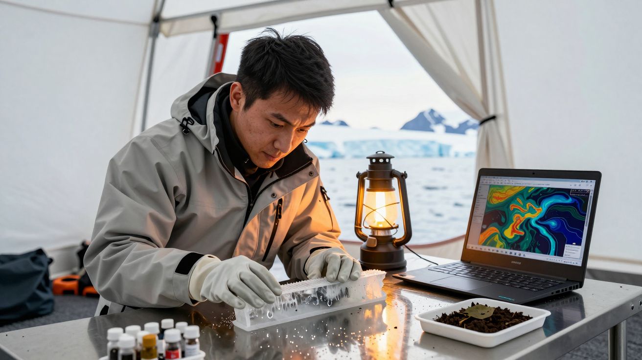 Cientista em pesquisa no Ártico, analisando amostras no laboratório com computador e lampião sobre a mesa.