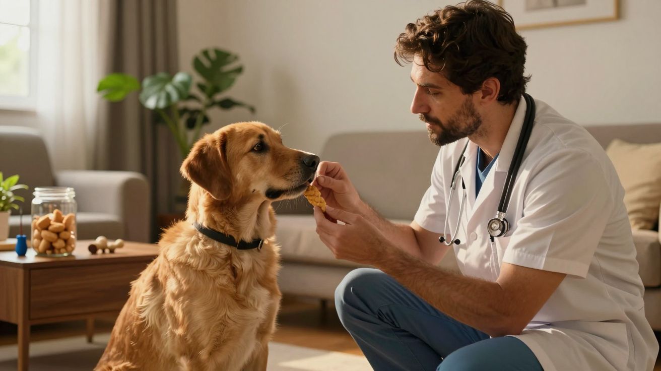 Veterinário dá biscoito a cão labrador dourado em sala de estar iluminada e confortável.
