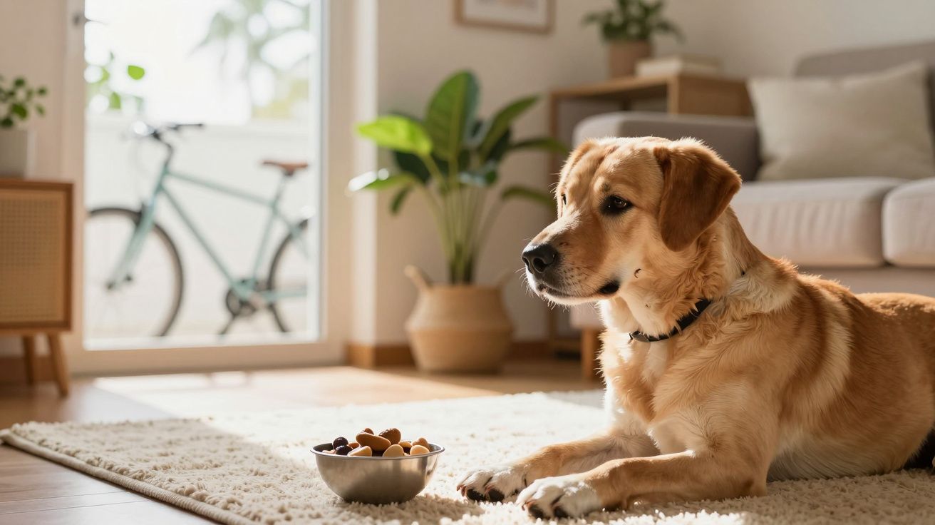 Cão castanho deitado num tapete ao lado de uma tigela, com uma planta e bicicleta ao fundo em sala iluminada.