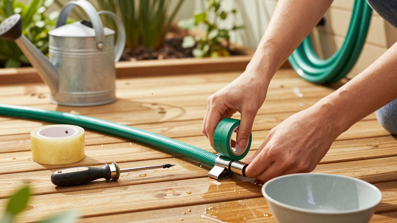 Pessoa reparando mangueira verde com fita adesiva numa plataforma de madeira. Ferramentas e regador ao lado.