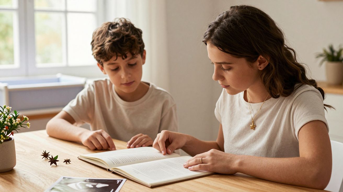Duas crianças a lerem juntas num livro numa mesa de madeira, dentro de uma sala iluminada por uma janela.
