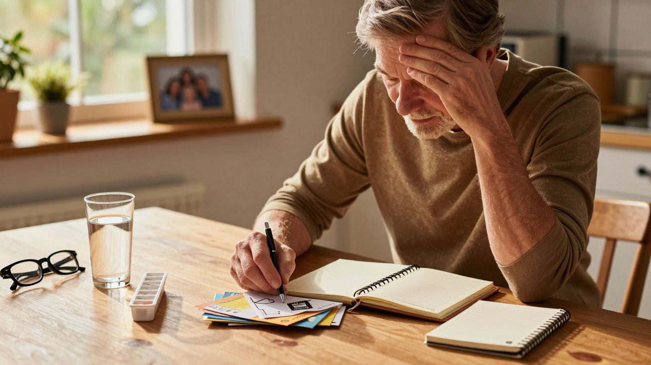 Homem pensativo escreve num bloco de notas à mesa, com óculos e copo de água ao lado.