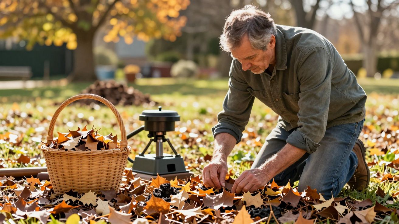 Homem colhe folhas de outono num parque com cesto de vime ao lado. Máquina de jardinagem ao fundo.