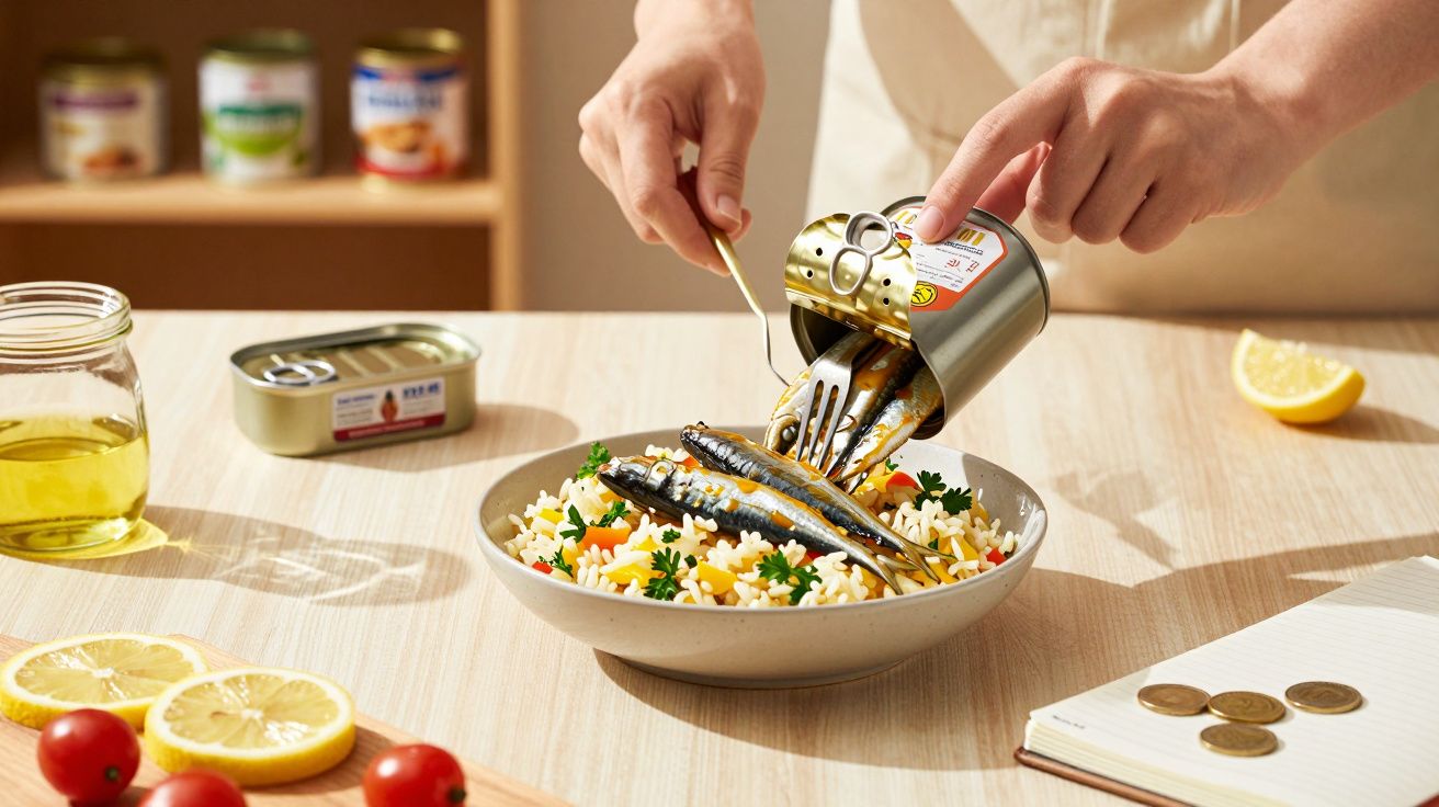Pessoa adiciona sardinhas enlatadas a um prato de arroz decorado com salsa, sobre uma mesa com ingredientes e moedas.