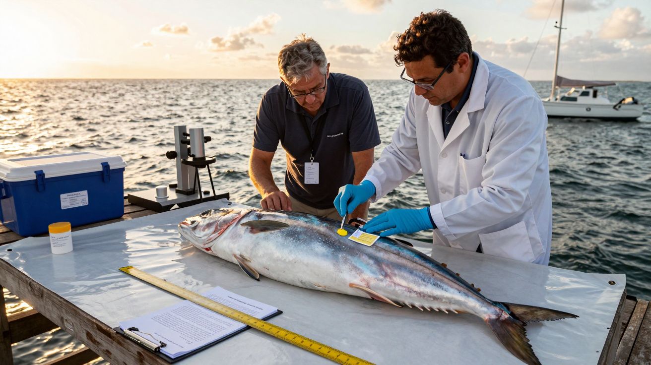 Dois homens analisam um atum numa mesa junto ao mar, com material de laboratório e um barco ao fundo.