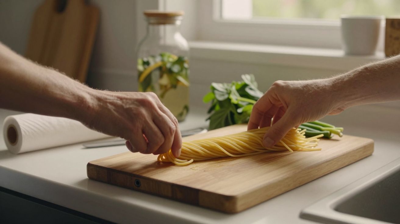 Duas mãos preparam massa sobre tábua de cortar na cozinha com ervas ao fundo.