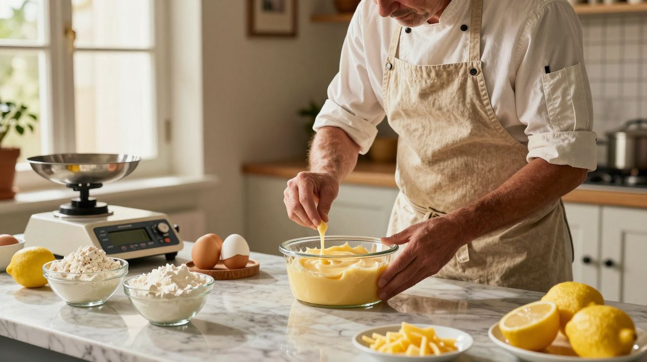 Cozinheiro mistura massa de bolo numa tigela na cozinha, rodeado por ingredientes como ovos, farinha e limões.