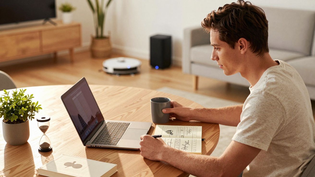 Homem concentrado a trabalhar no computador portátil na mesa, com chávena de café e caderno ao lado, em sala moderna.