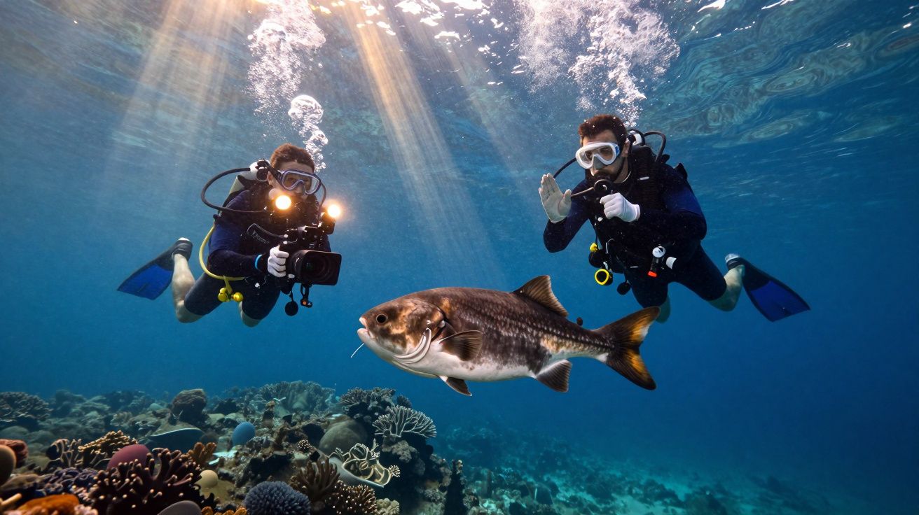 Dois mergulhadores fotografam um peixe grande sobre um recife de coral subaquático iluminado por raios de sol.