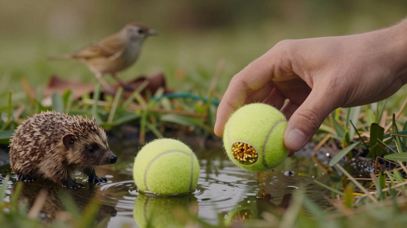 Ouriço perto de duas bolas de ténis flutuantes na água, uma preenchida com sementes, e pássaro ao fundo.