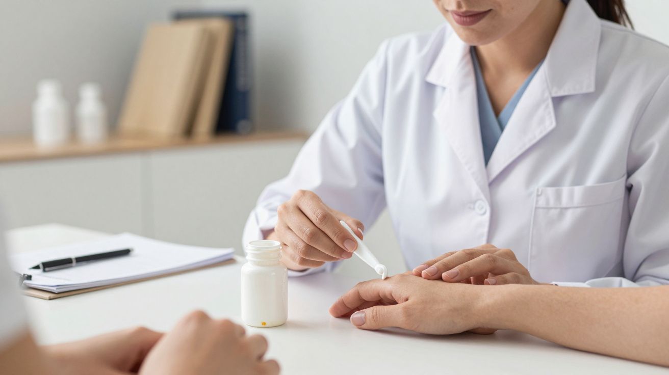 Profissional de saúde aplica creme na mão de um paciente numa consulta médica.