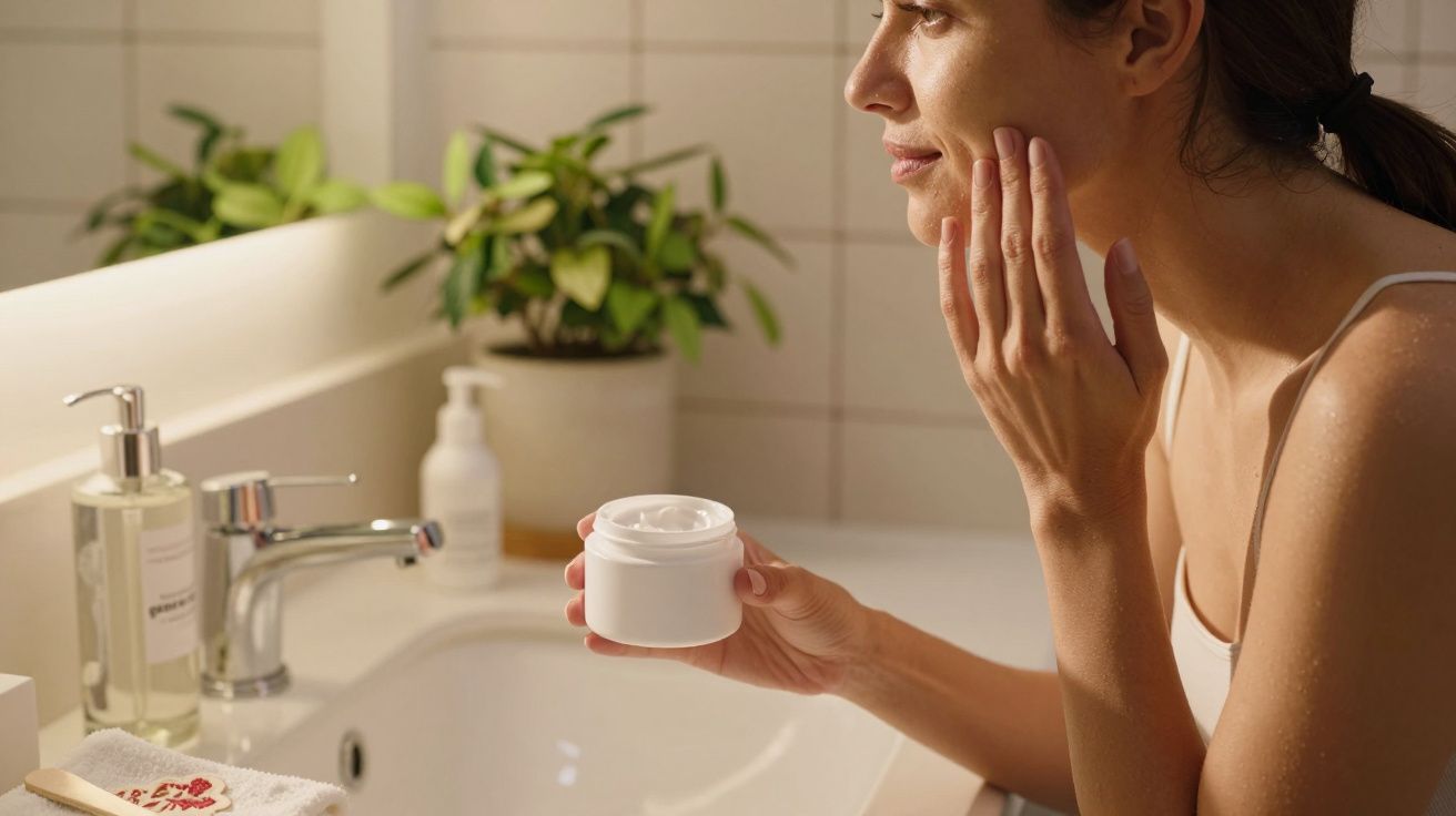 Mulher aplica creme no rosto em frente ao espelho no lavatório, com plantas ao fundo.