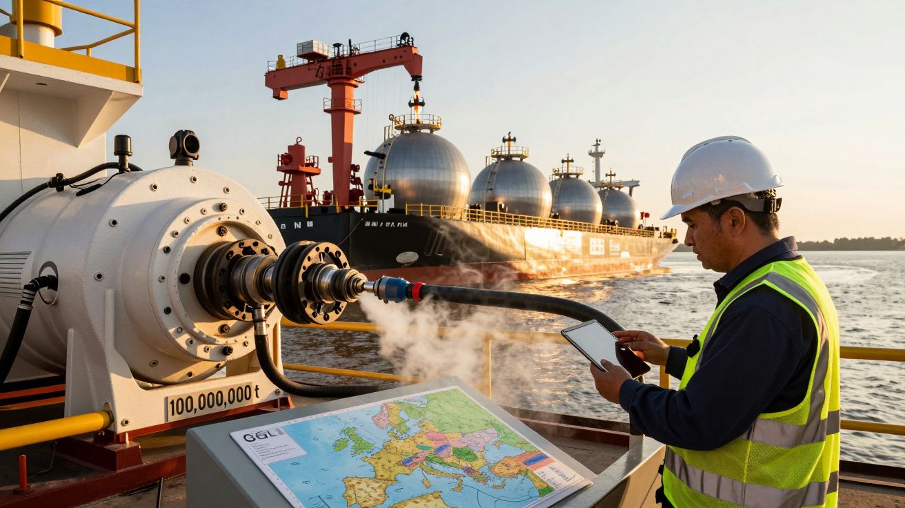 Técnico verifica tablet em terminal de gás natural, navio-tanque ao fundo, mapa da Europa em destaque, dia ensolarado.