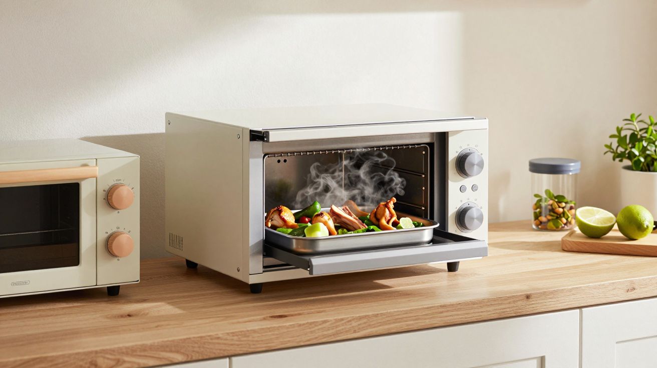 Forno de bancada moderno com refeição a cozinhar, em bancada de madeira, ao lado de outro forno mais pequeno.