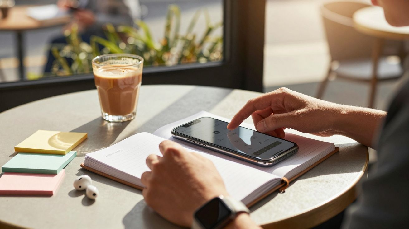 Pessoa usando smartphone em mesa de café com caderno, copo de bebida, post-its e auriculares.