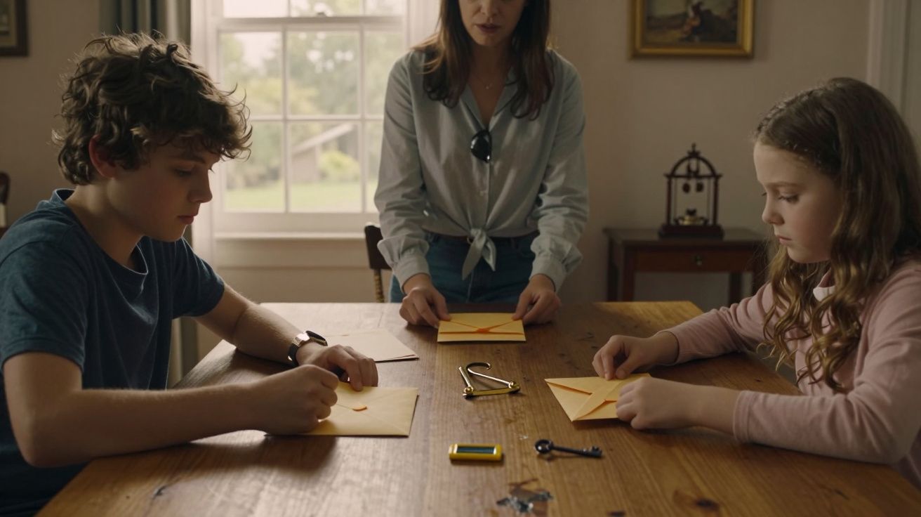 Crianças numa mesa com uma mulher, escrevendo em envelopes amarelos, com pequenas ferramentas ao centro.