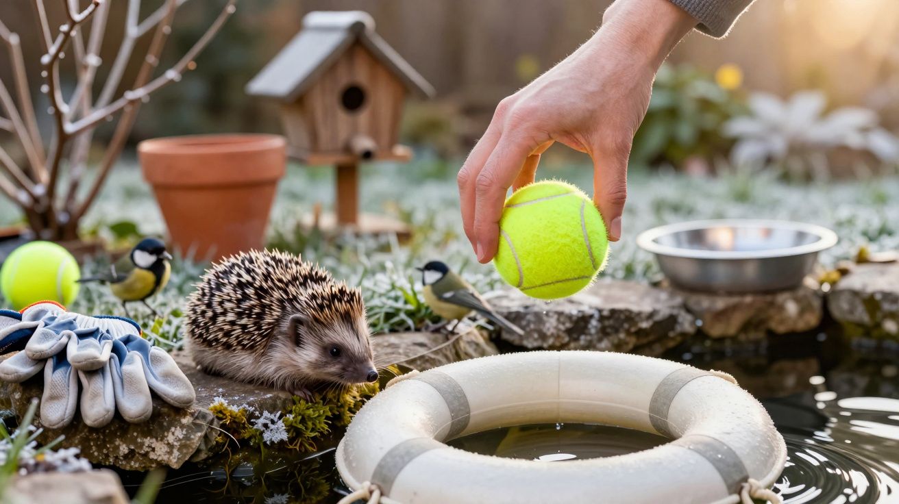 Pessoa segura uma bola de ténis perto de ouriço e pássaros junto a pequeno lago com boia e ninho de pássaros.