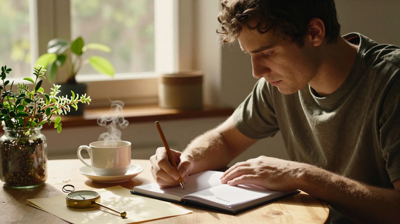 Homem escrevendo em caderno numa mesa com chávena fumegante, planta e bússola, perto de janela iluminada.