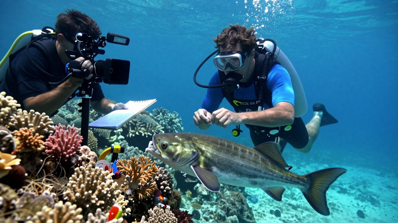 Mergulhador e cinegrafista filmam peixe perto de recife de coral subaquático.